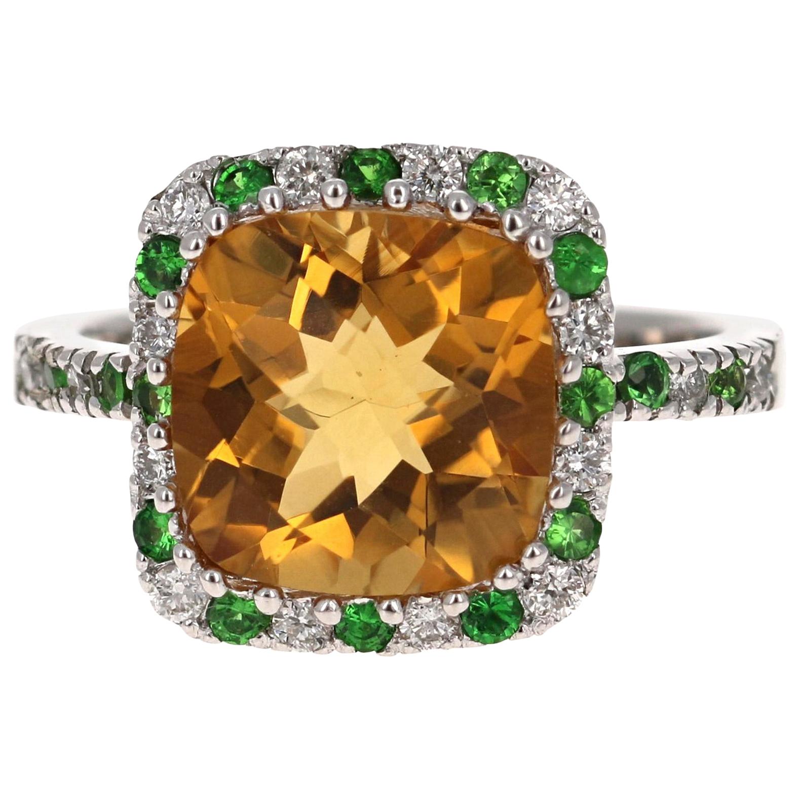 4.82 Carat Cushion Cut Citrine Quartz Tsavorite Diamond 14 Karat White Gold Ring For Sale