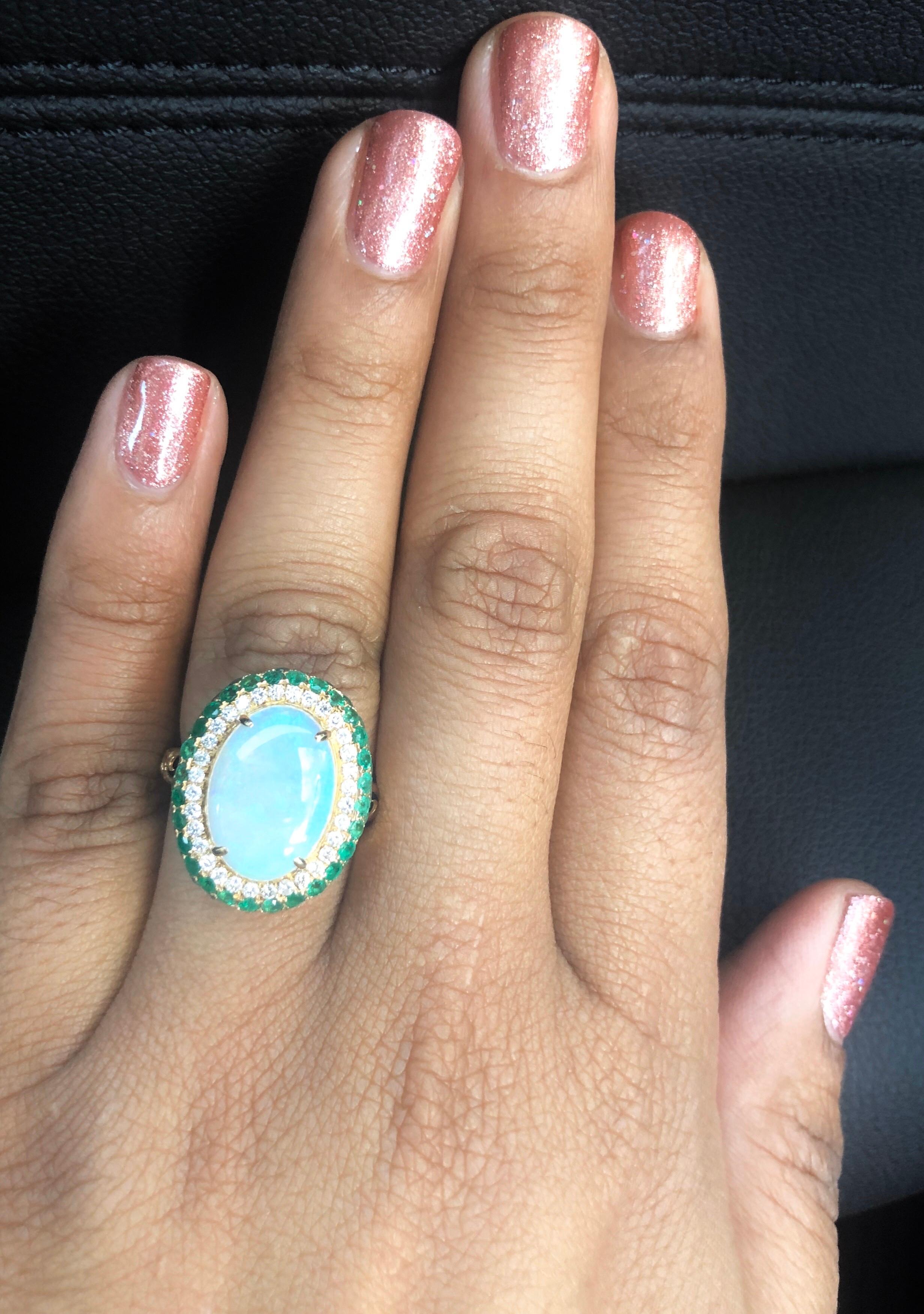 4.82 Carat Opal, Emerald and Diamond 18 Karat Yellow Gold Ring In New Condition For Sale In Los Angeles, CA