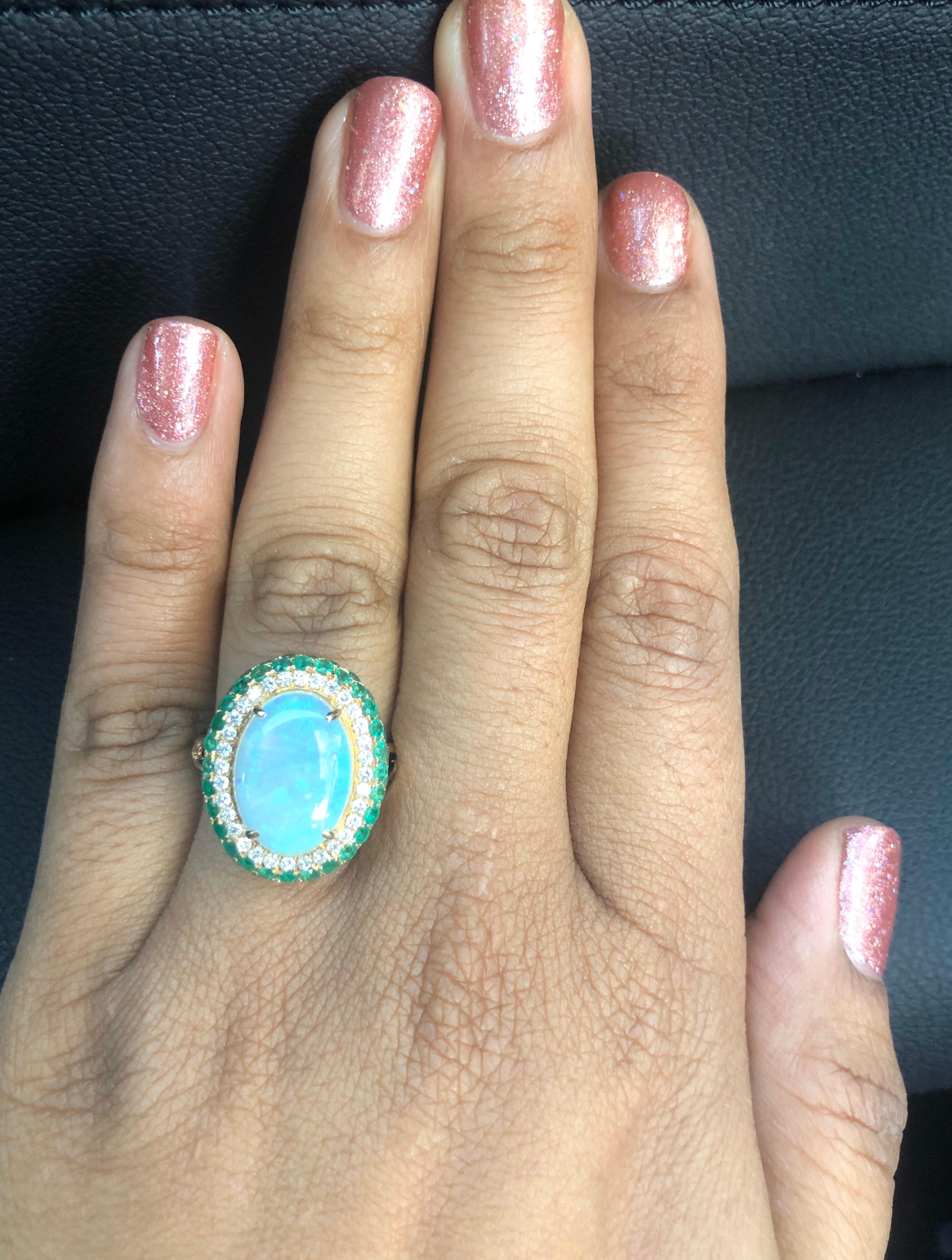 Women's 4.82 Carat Opal, Emerald and Diamond 18 Karat Yellow Gold Ring For Sale