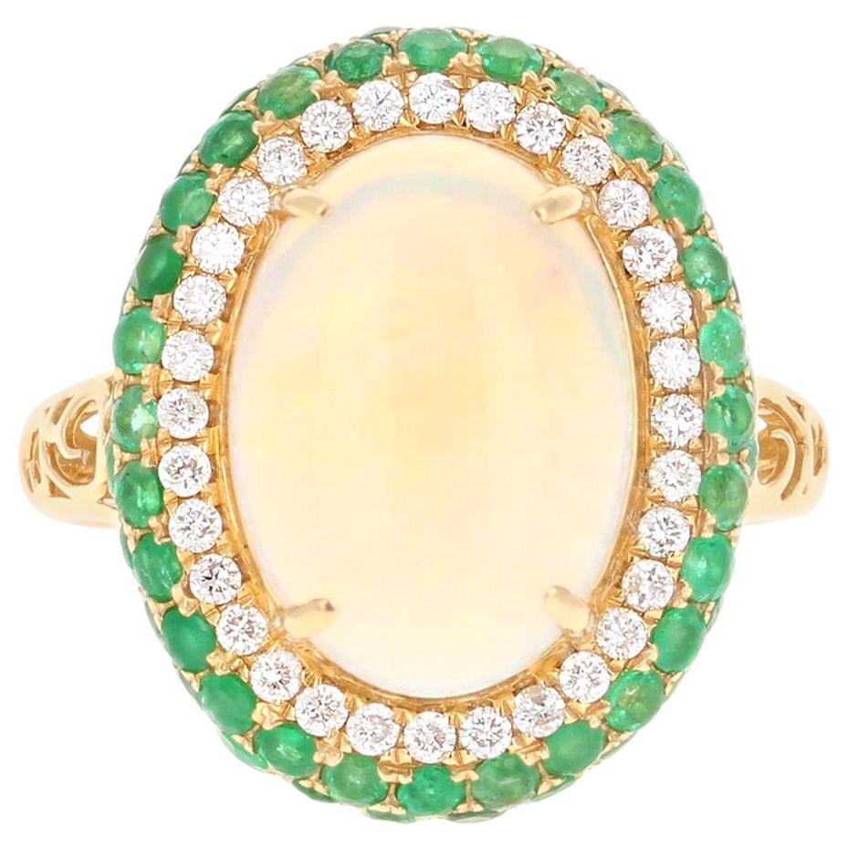 4.82 Carat Opal, Emerald and Diamond 18 Karat Yellow Gold Ring