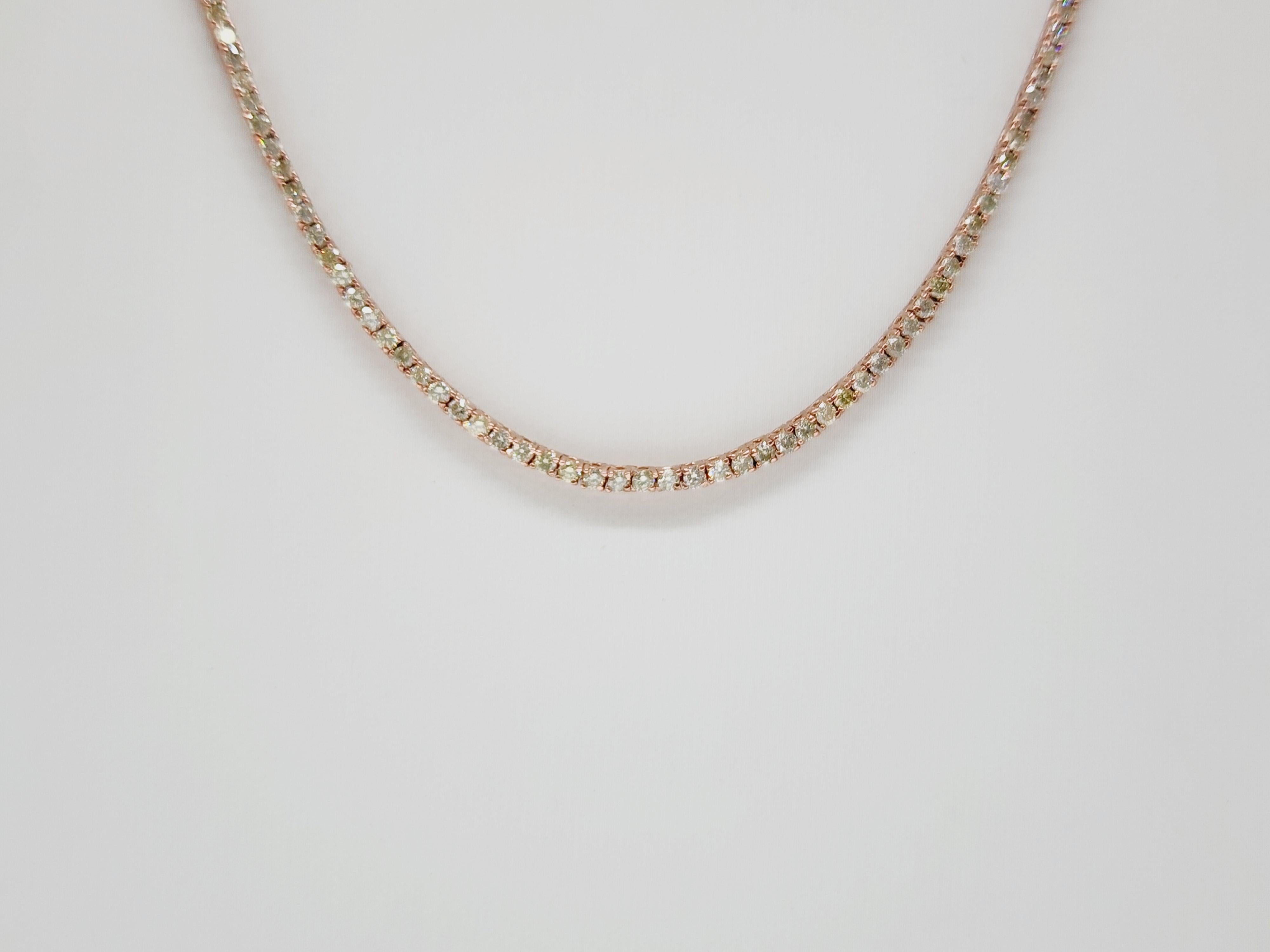 Brilliant and beautiful tennis necklace, natural round-brilliant cut white diamonds clean and Excellent shine. 14k rose gold classic four-prong style for maximum light brilliance. Elegance for every occasion.

20 inch length 
Average Color: