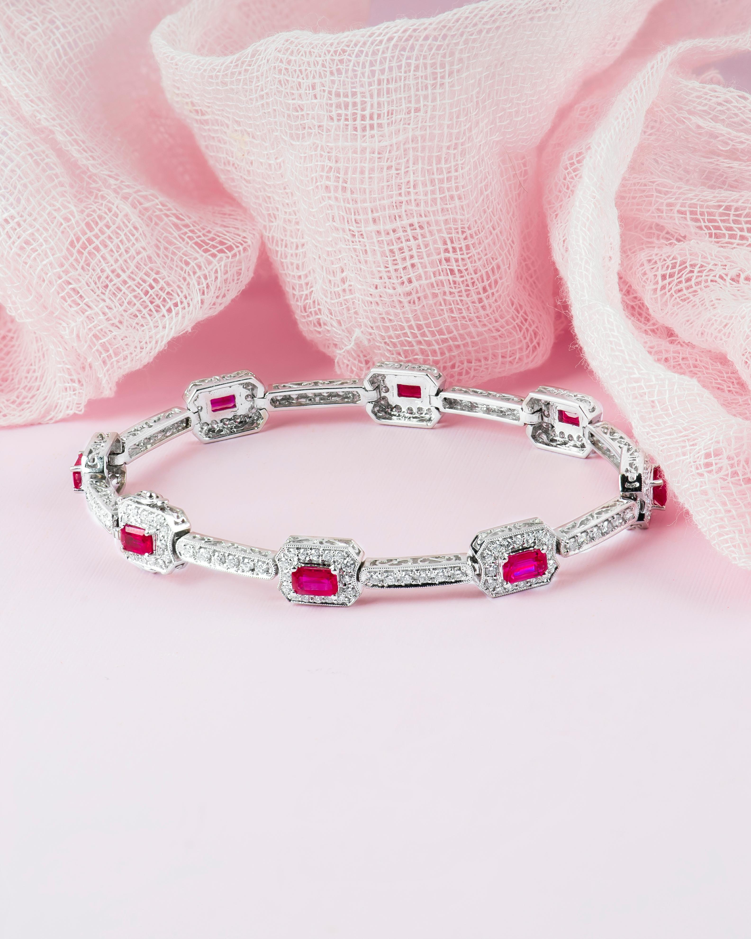4.82 Carat Total Weight Emerald Cut Rubies Bracelet with 2.21 Carat Diamonds In New Condition In Houston, TX