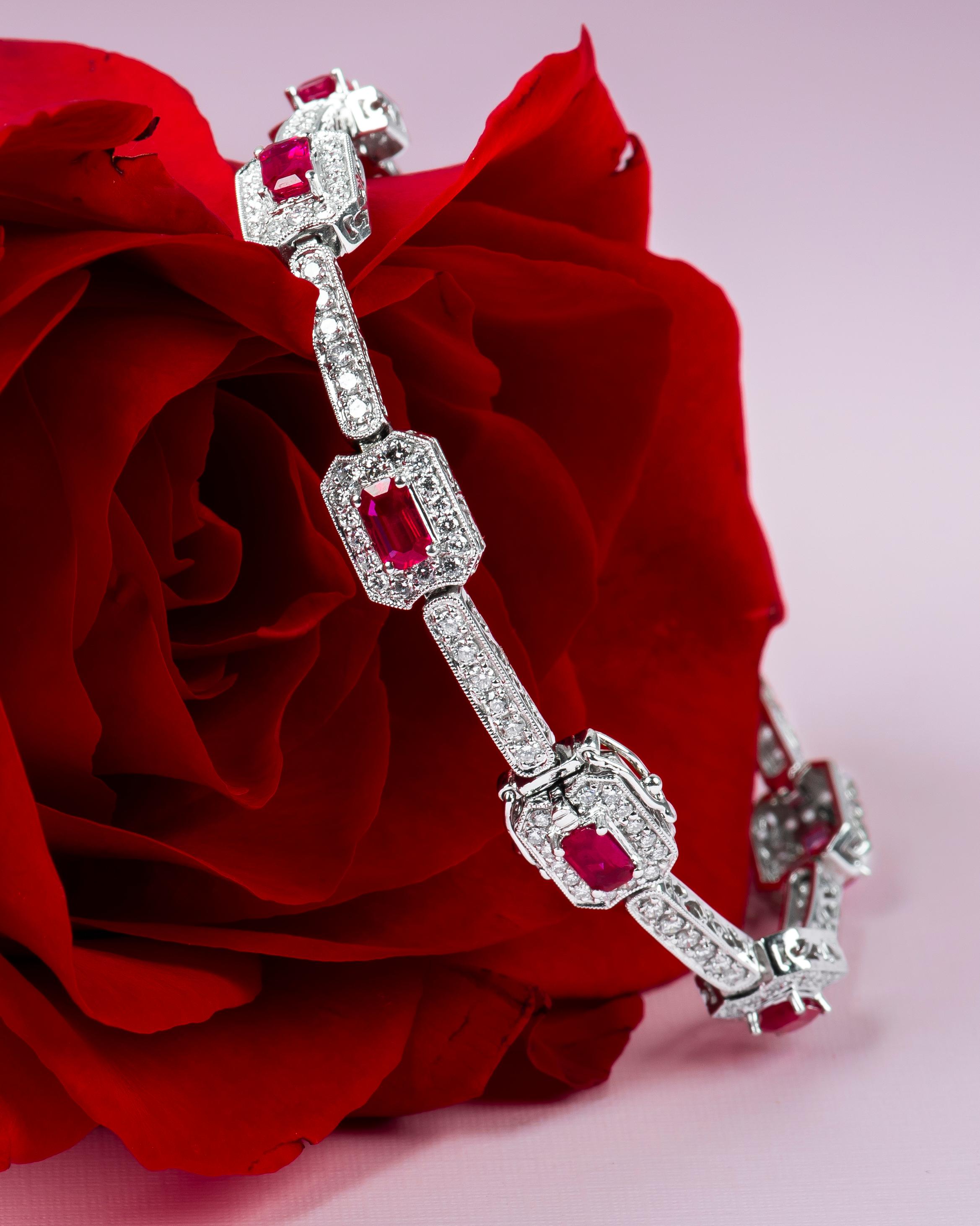 Women's 4.82 Carat Total Weight Emerald Cut Rubies Bracelet with 2.21 Carat Diamonds