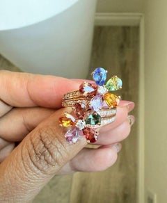 4.82 Carats Natural Sapphire Diamond Flower 14 Karat Rose Gold Cocktail Ring
