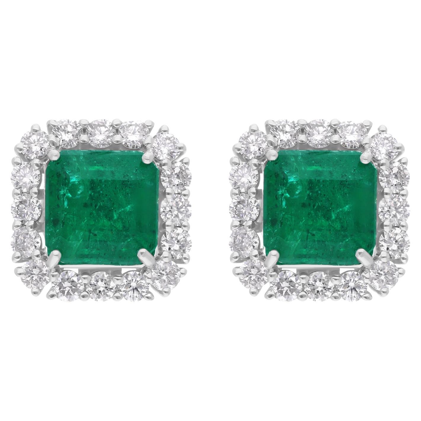 4.82 Tcw Zambian Emerald Earrings SI Clarity Diamond 14 Karat White Gold For Sale