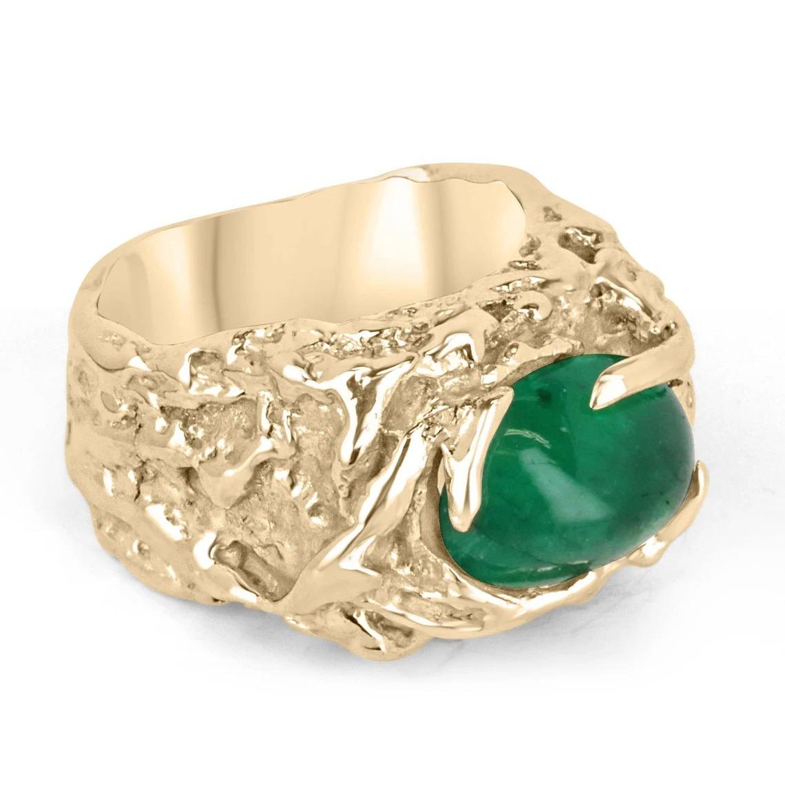 Introducing a stunning solitaire men's ring featuring a mesmerizing cabochon cut emerald of oval shape. The emerald is uniquely set in an east-to-west orientation, showcasing its vivid dark green color with exceptional luster and captivating