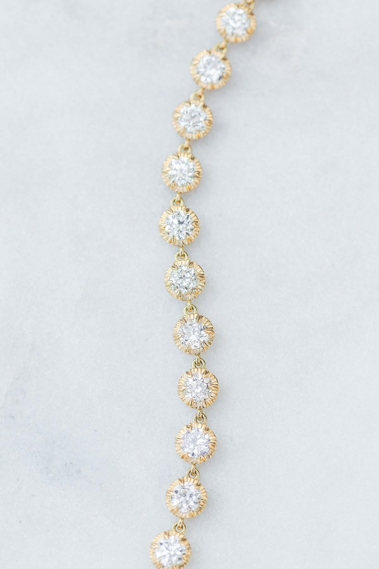 4.82ctw GH/VS-SI old European cut diamonds set in a handcrafted 18K yellow gold diamond tennis bracelet.  

Our jewelry is made locally in Los Angeles and most pieces are made to order. For these made-to-order items, please allow 8-10 weeks for
