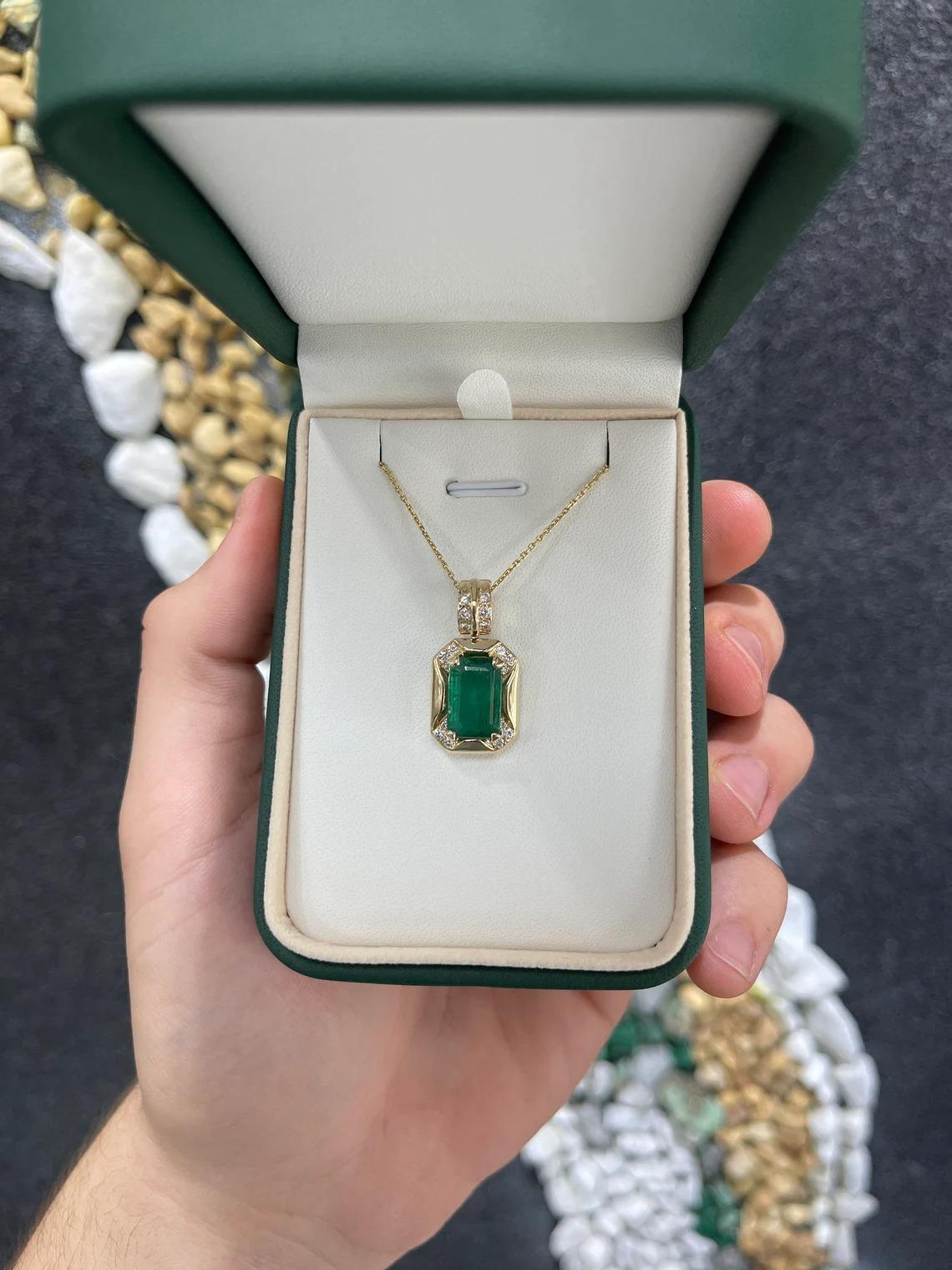 Modern 4.92tcw 14K Natural Emerald-Emerald Cut & Diamond Accent Statement Gold Pendant
