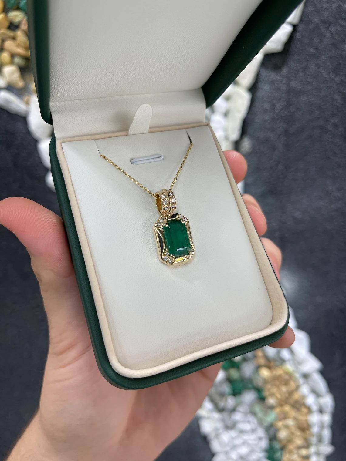 4.92tcw 14K Natural Emerald-Emerald Cut & Diamond Accent Statement Gold Pendant In New Condition In Jupiter, FL