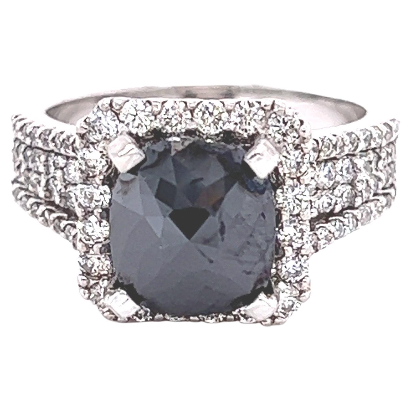 4.83 Carat Black White Diamond White Gold Engagement Ring For Sale
