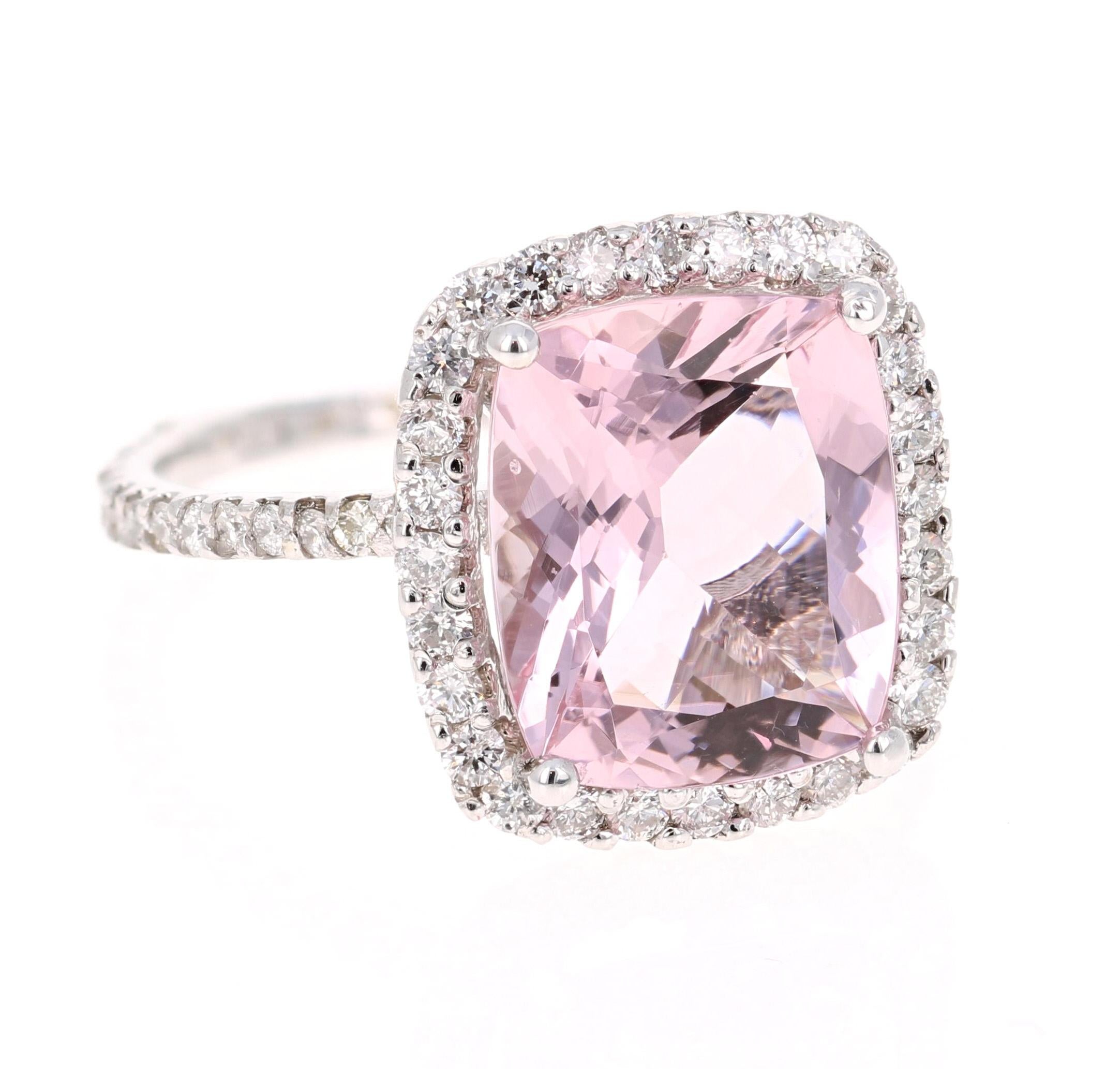 A lovely Engagement Ring Option or as an alternate to a Pink Diamond Ring! 

This gorgeous and classy Morganite and Diamond Ring has a 4.06 Carat Cushion Cut Pink Morganite and is surrounded by a simple Halo of  60 Round Cut Diamonds that weigh 0.77