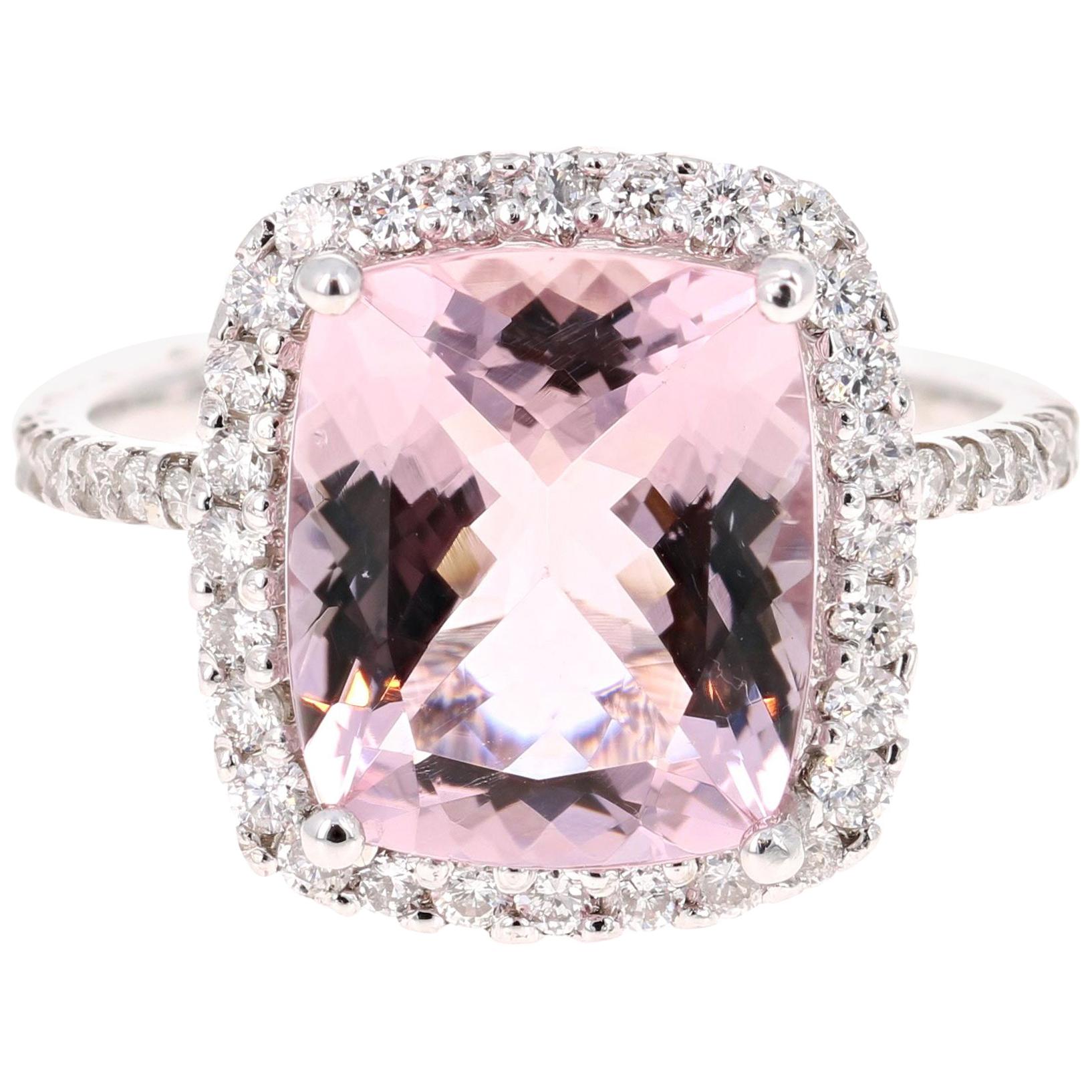 4.83 Carat Cushion Cut Pink Morganite Diamond White Gold Engagement Ring
