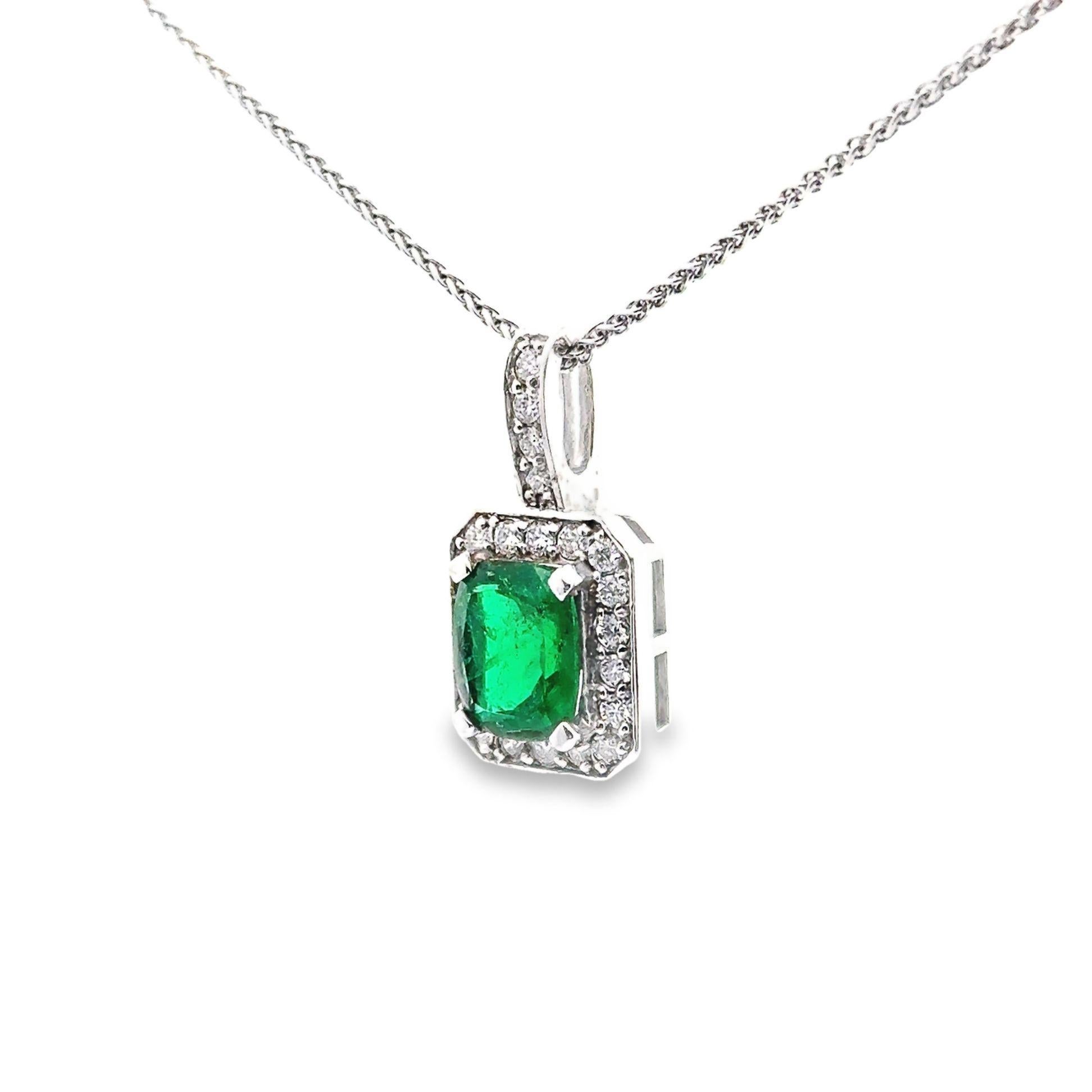 Cushion Cut 4.83 Carat Emerald 18k White Gold Pendant Necklace For Sale