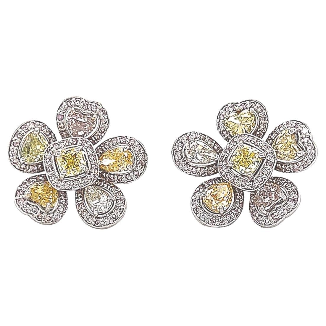 Multi-Color Diamond Flower Stud Earrings For Sale