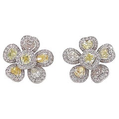 Fancy Color Diamond Flower Stud Earrings in 18 Karat White Gold