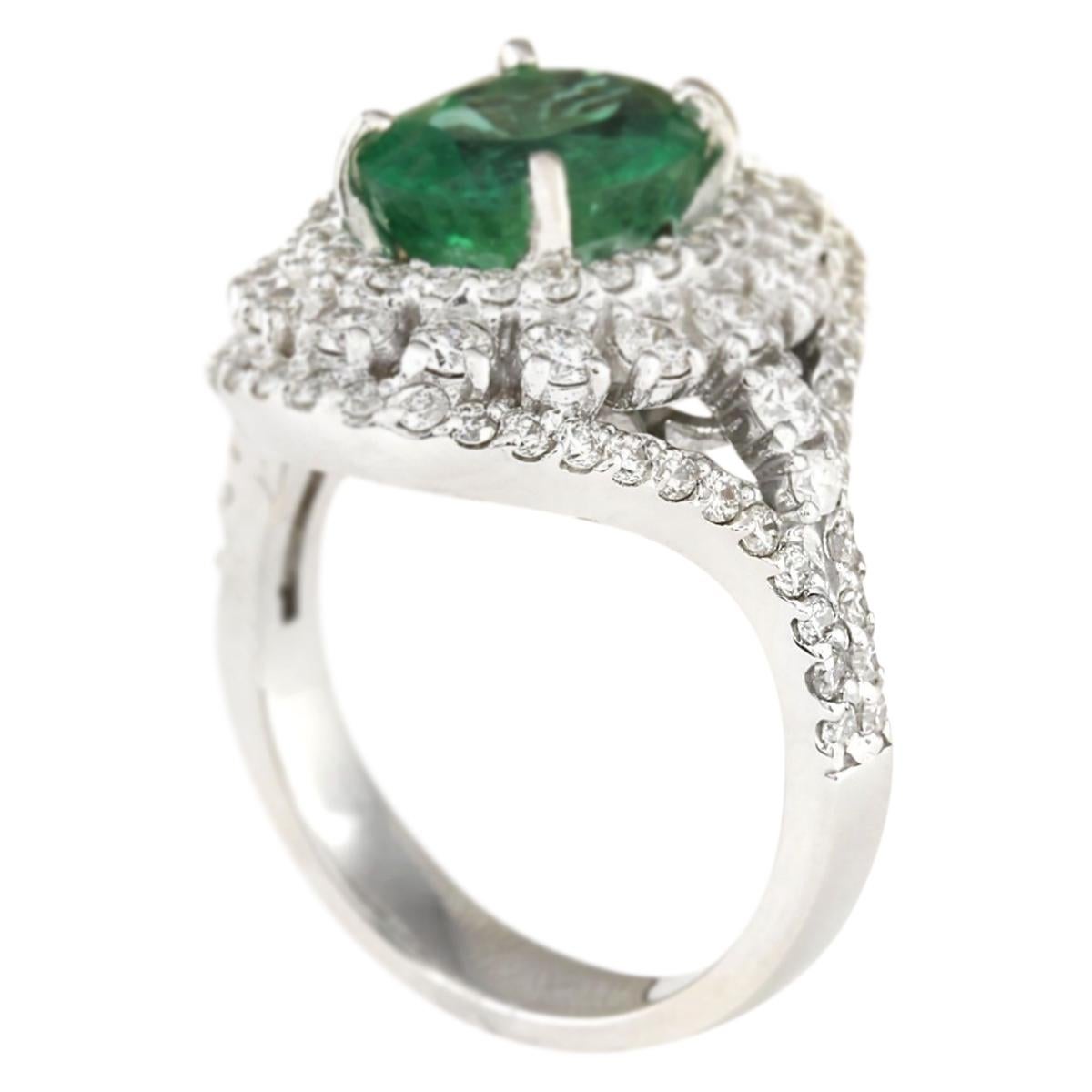 Oval Cut Natural Emerald Diamond Ring In 14 Karat White Gold  For Sale