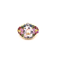 4.83 Carat Pink Morganite Multicolor Sapphire Yellow Gold Cocktail Ring