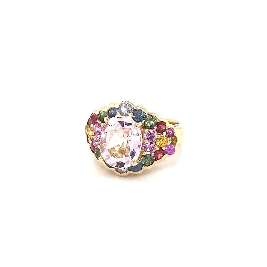 Contemporary 4.83 Carat Pink Morganite Multicolor Sapphire Yellow Gold Cocktail Ring  For Sale