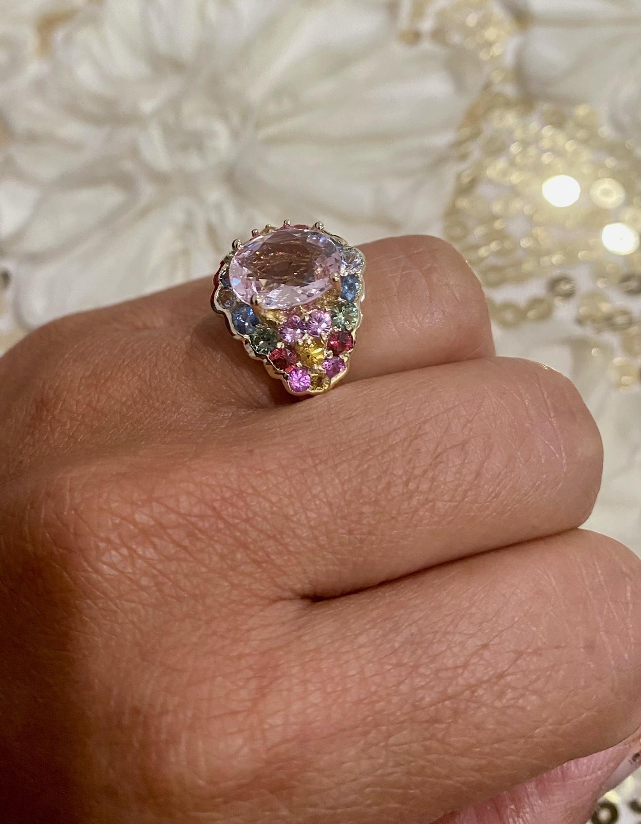 4.83 Carat Pink Morganite Multicolor Sapphire Yellow Gold Cocktail Ring  In New Condition For Sale In Los Angeles, CA