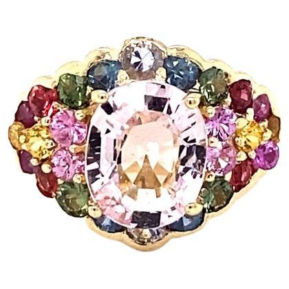 4.83 Carat Pink Morganite Multi Color Sapphire Yellow Gold Cocktail Ring 