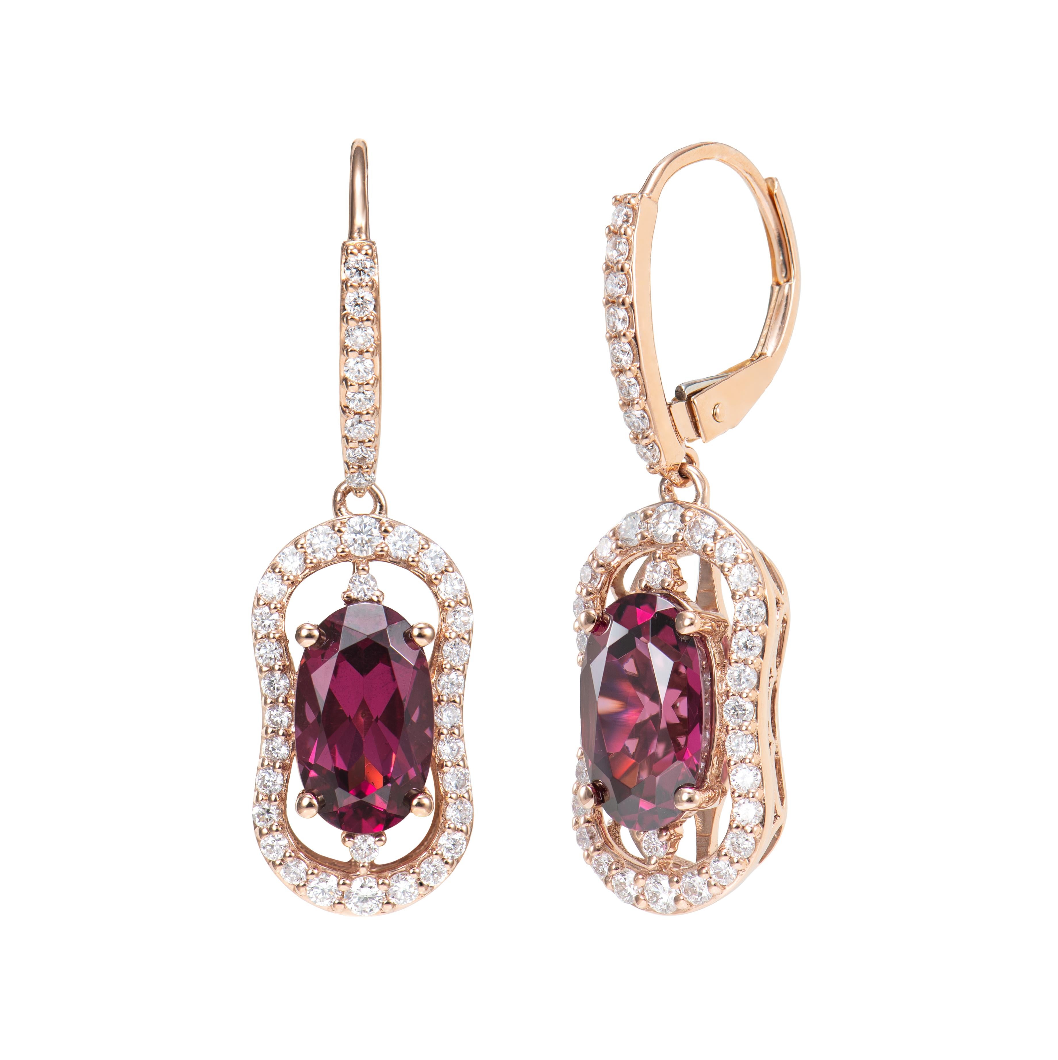 Oval Cut 4.83 Carat Rhodolite Drop Earring in 18 Karat Rose Gold with White Diamond. For Sale