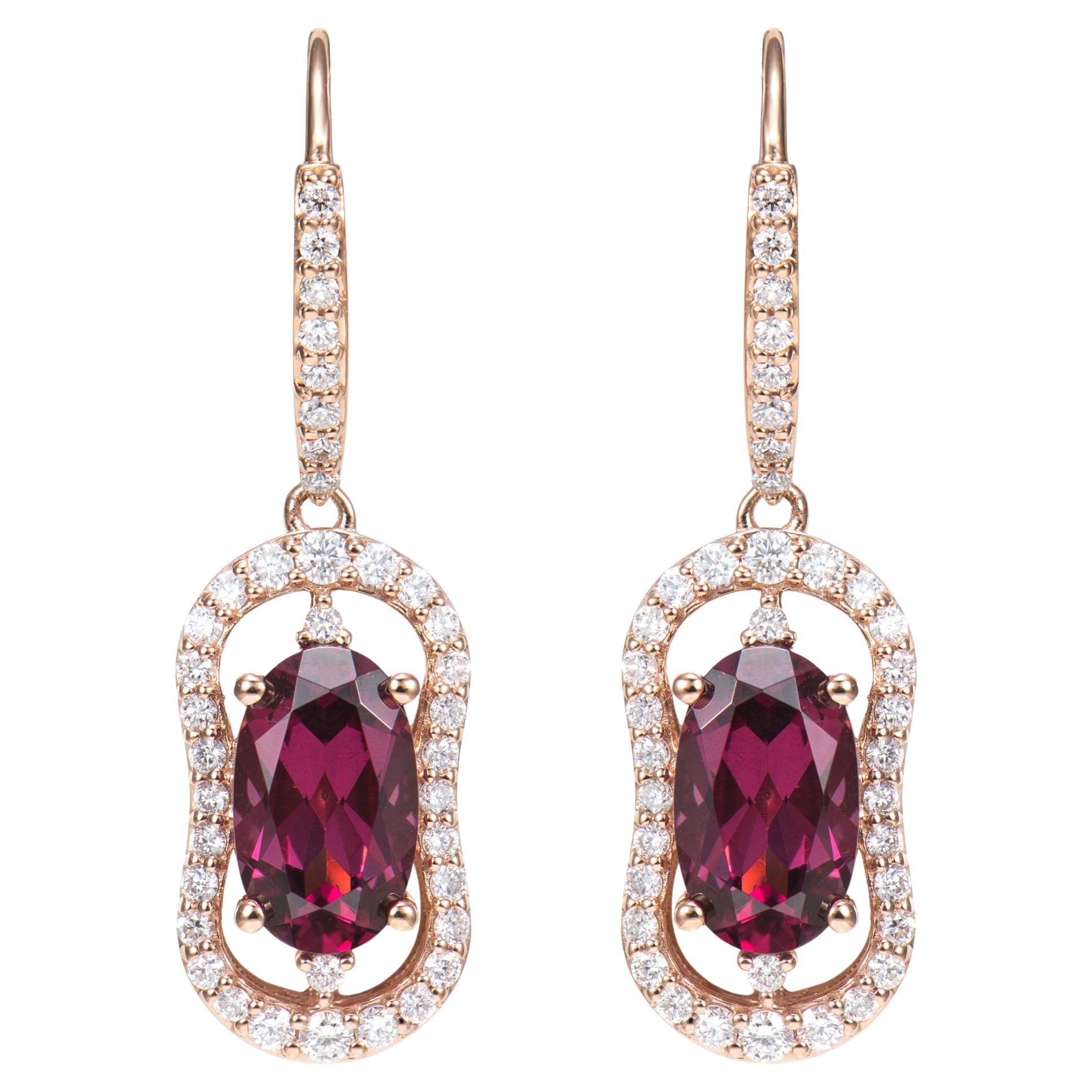 Boucles d'oreilles en goutte en or rose 18 carats et rhodolite de 4,83 carats avec diamant blanc.