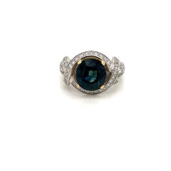 4.83 Carat Round Teal Sapphire and Diamond Ring in Platinum and 18K Yellow Gold