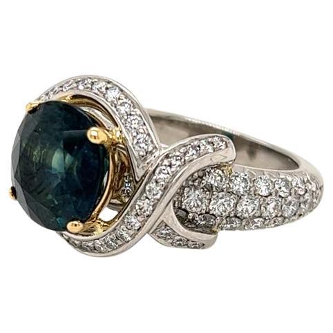 4.83 Carat Round Teal Sapphire and Diamond Ring in Platinum and 18K Yellow Gold For Sale