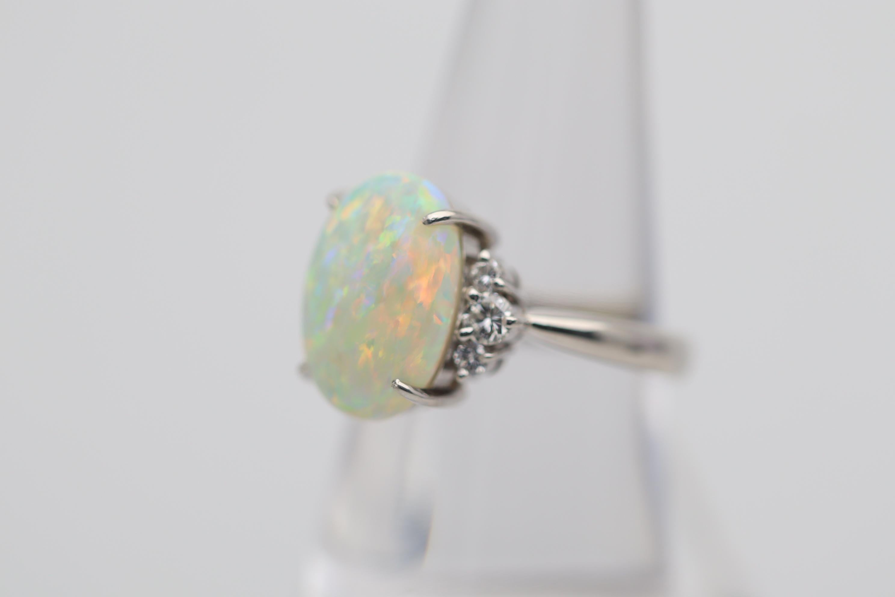 Cabochon 4.83 Carat Superb Australian Crystal Opal Diamond Platinum Ring For Sale