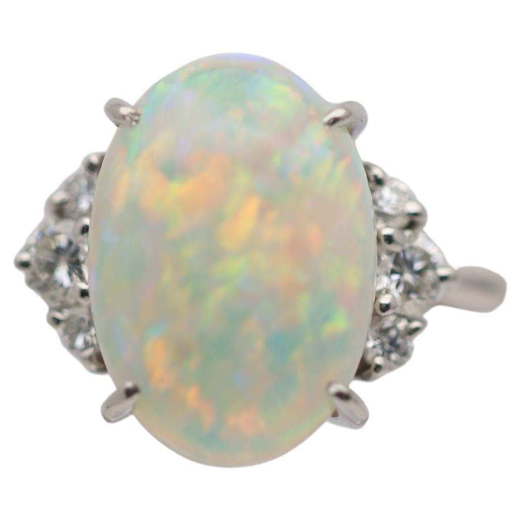 4.83 Carat Superb Australian Crystal Opal Diamond Platinum Ring For Sale