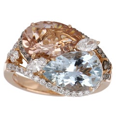 Bague en or rose 18 carats avec aigue-marine et morganite de 4,83 carats au total et diamants