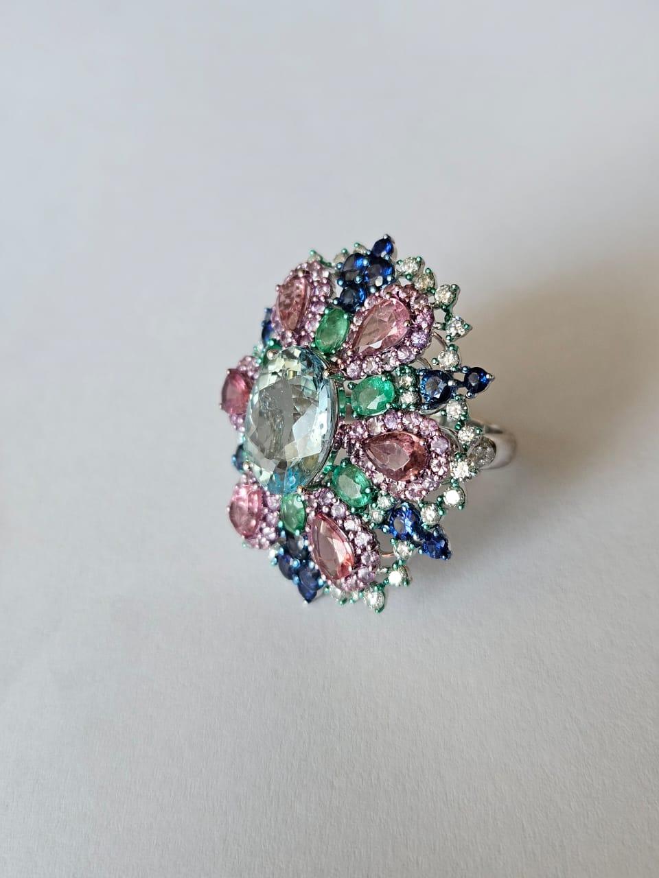 Oval Cut 4.83 carats, Aquamarine, Blue & Pink Sapphires, Emerald & Diamonds Cocktail Ring For Sale