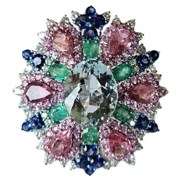 4.83 carats, Aquamarine, Blue & Pink Sapphires, Emerald & Diamonds Cocktail Ring