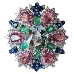 4,83 carati, Anello da cocktail con acquamarina, zaffiri blu e rosa, smeraldo e diamanti