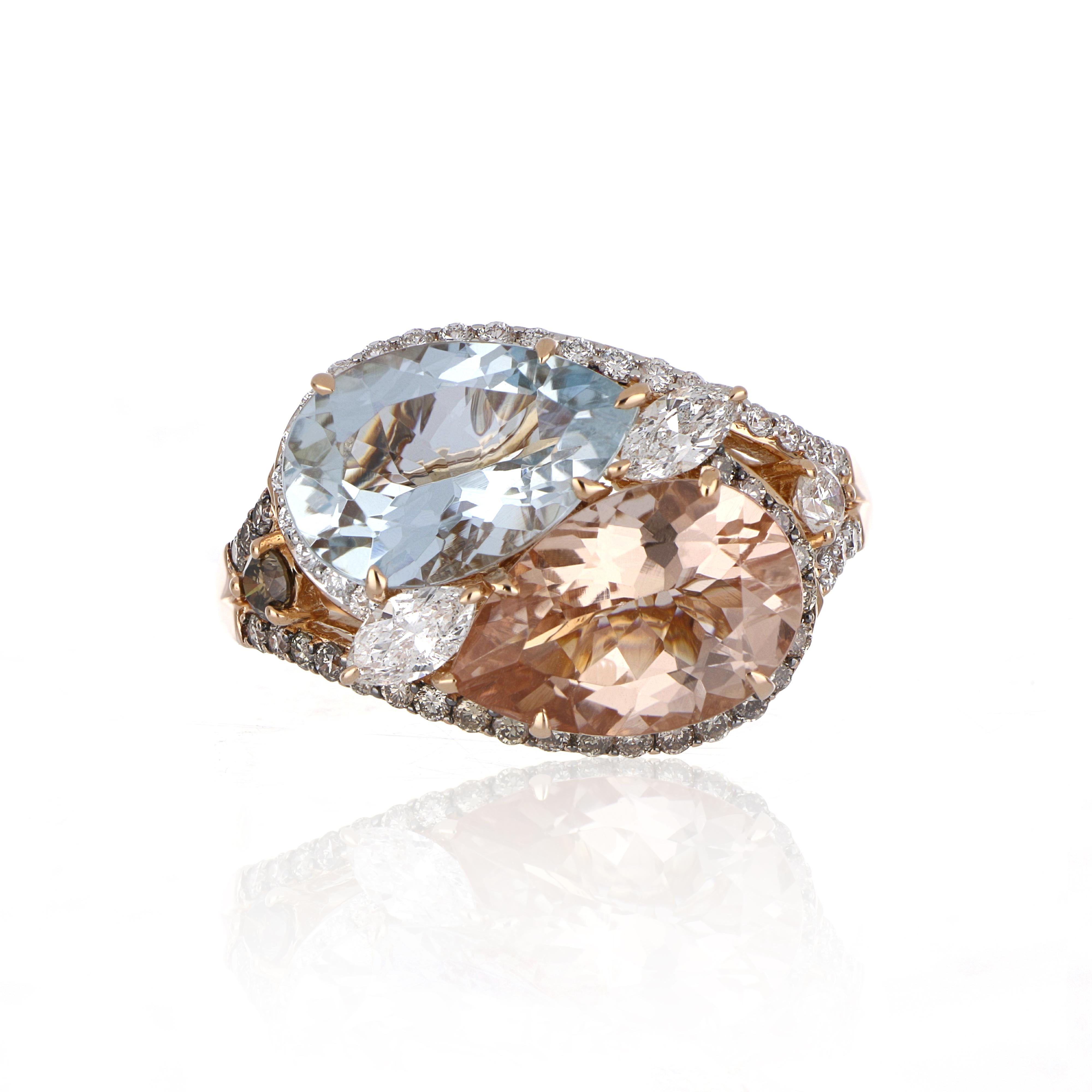 Elegant and exquisitely detailed Cocktail 18K Ring, centre set with 2.36 Cts. Pear Morganite and 2.47 Cts Pear Aquamarine. Surrounded and enhance on shank with white and chocolate colour Diamonds, weighing approx. 0.87 ct. Beautifully Hand crafted