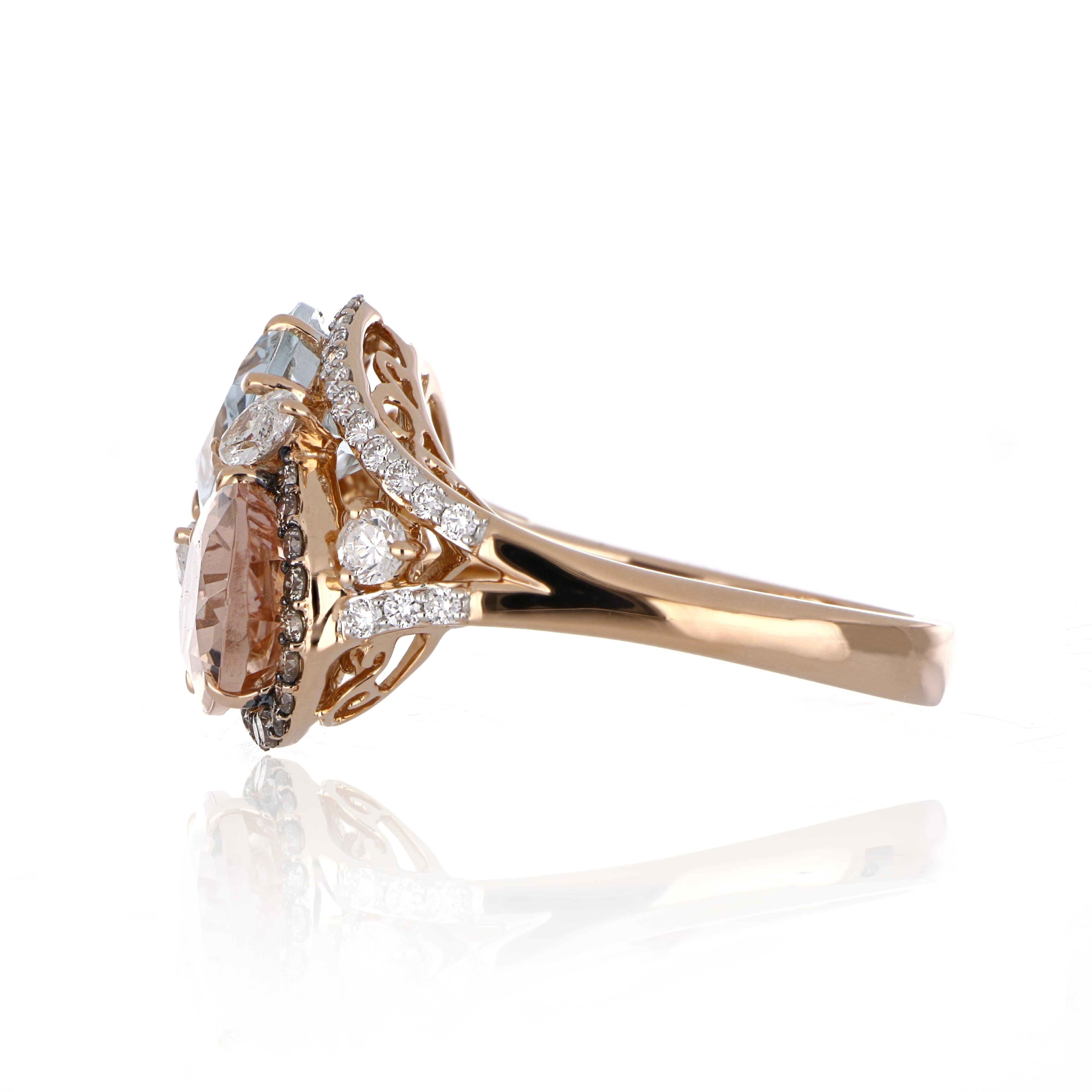 Pear Cut 4.83 Carat Total Morganite and Aquamarine Ring with Diamonds 18 Karat Rose Gold For Sale