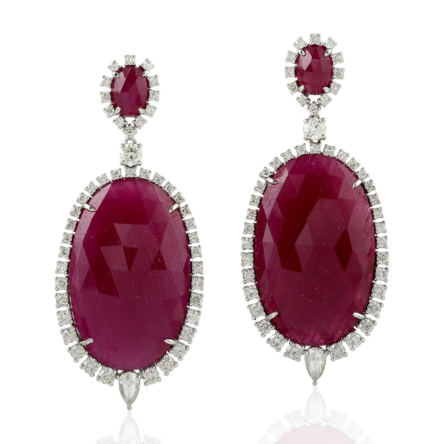 Modern 48.31 Carat Natural Ruby 18 Karat Gold Diamond Earrings For Sale