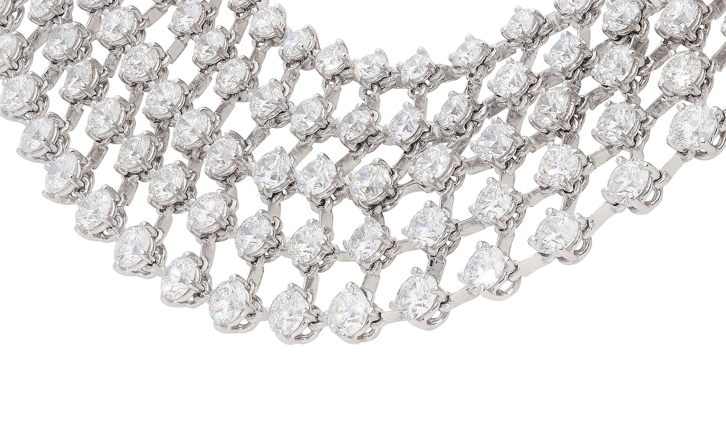 Contemporary 48.31 Carat White GVS Diamonds 18 Karat White Gold 5 Rows Tennis Necklace For Sale