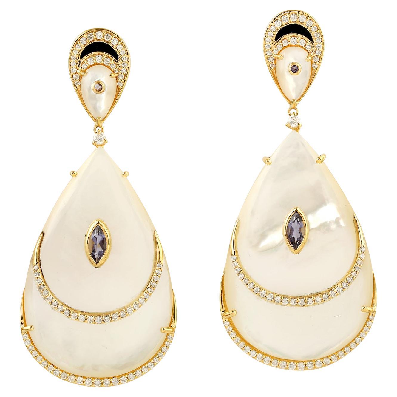 48.38ct Pearl dangle Earrings With Iolite & Diamonds Made In 18k yellow Gold For Sale