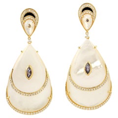 48.38ct Pearl dangle Earrings With Iolite & Diamonds Made In 18k yellow Gold