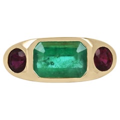 4.83tcw Natural Rich Green Emerald & Ruby Side Unisex Three Stone Ring 18K 