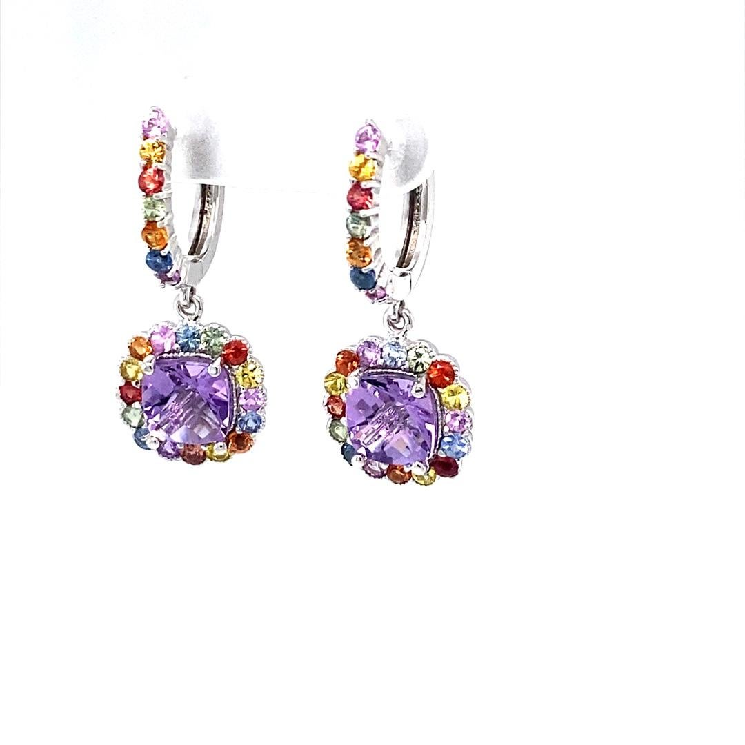 Contemporary 4.84 Carat Amethyst Multi Color Sapphire White Gold Drop Earrings