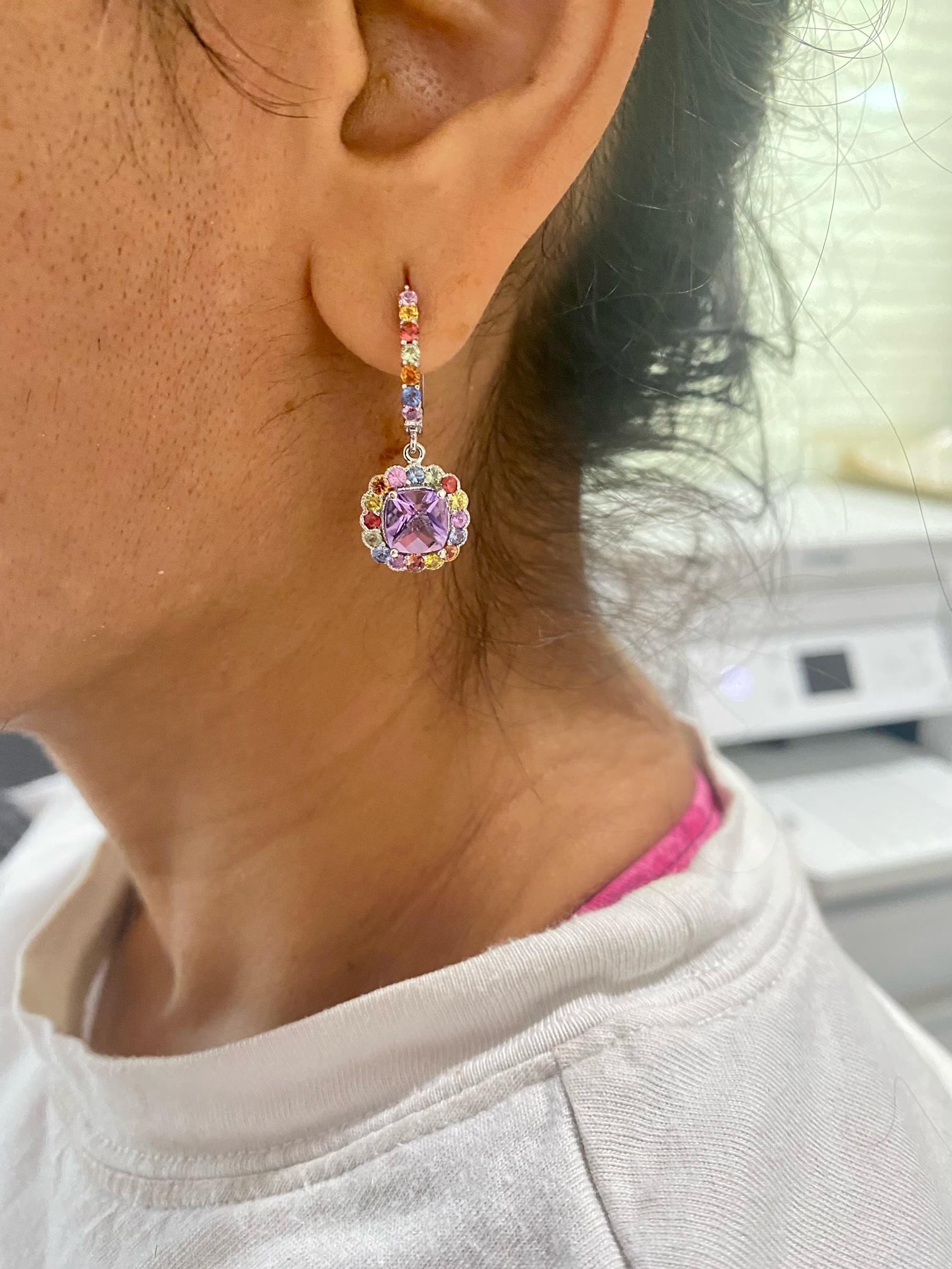 4.84 Carat Amethyst Multi Color Sapphire White Gold Drop Earrings In New Condition In Los Angeles, CA