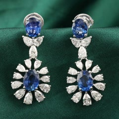 4.84 Carat Blue Sapphire 2.72 Carat SI/H Diamond Earrings 18 Karat White Gold