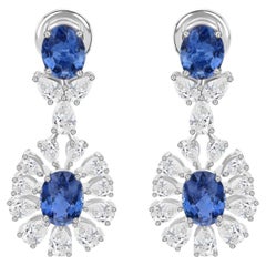 4.84 Carat Blue Sapphire 2.72 Carat SI/H Diamond Earrings 18 Karat White Gold