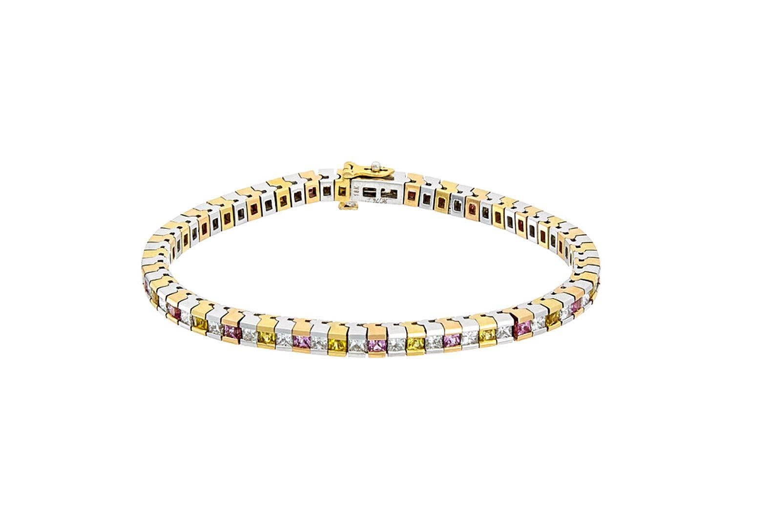 18 kt white and yellow gold articulated bracelet adorned with 4.84 cts tw of pink and yellow sapphires and 4.43 cts tw of diamonds