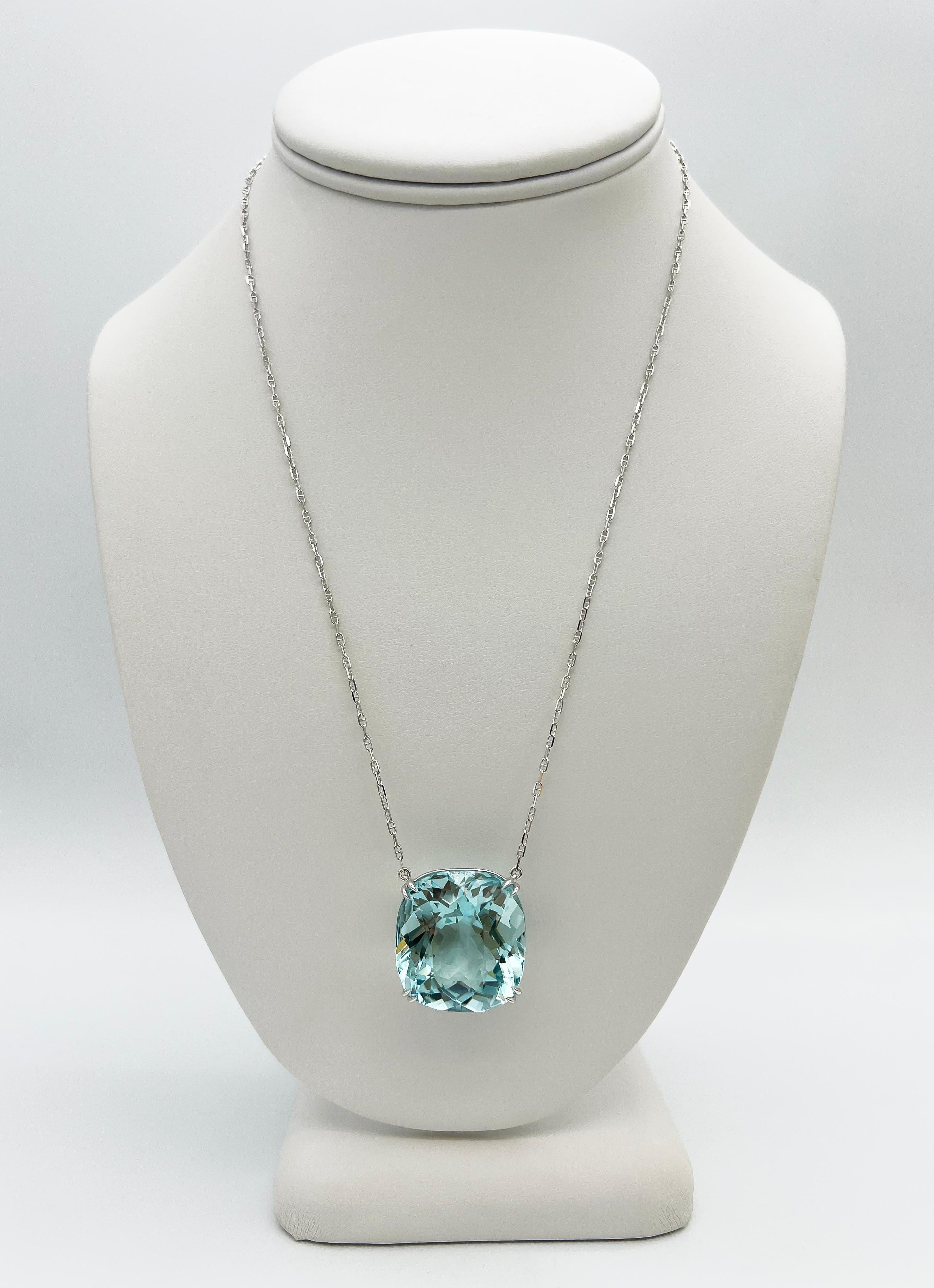 Splendid 48.46 Carat Cushion Cut Aquamarine Pendant in a 14 Karat White Gold Chain, GIA

This Aquamarine necklace will take everyone’s breath away. It boasts a single, wholesome 48.46 Carat of top-notch quality aquamarine stone Prong-set and