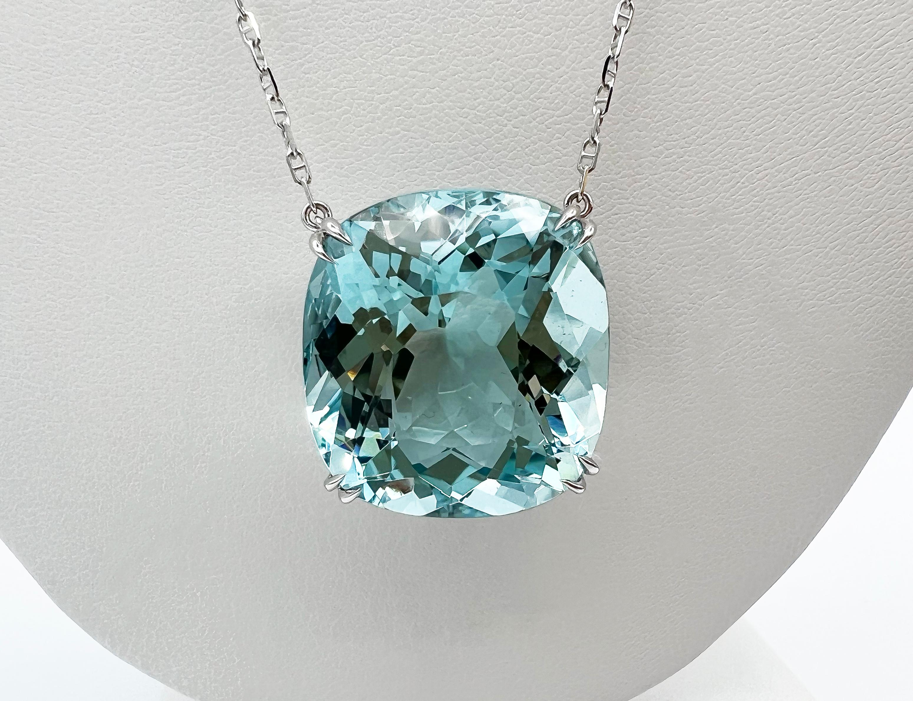 48.46 Carat Cushion Cut Aquamarine Pendant in a 14 Karat White Gold Chain, GIA In New Condition For Sale In New York, NY
