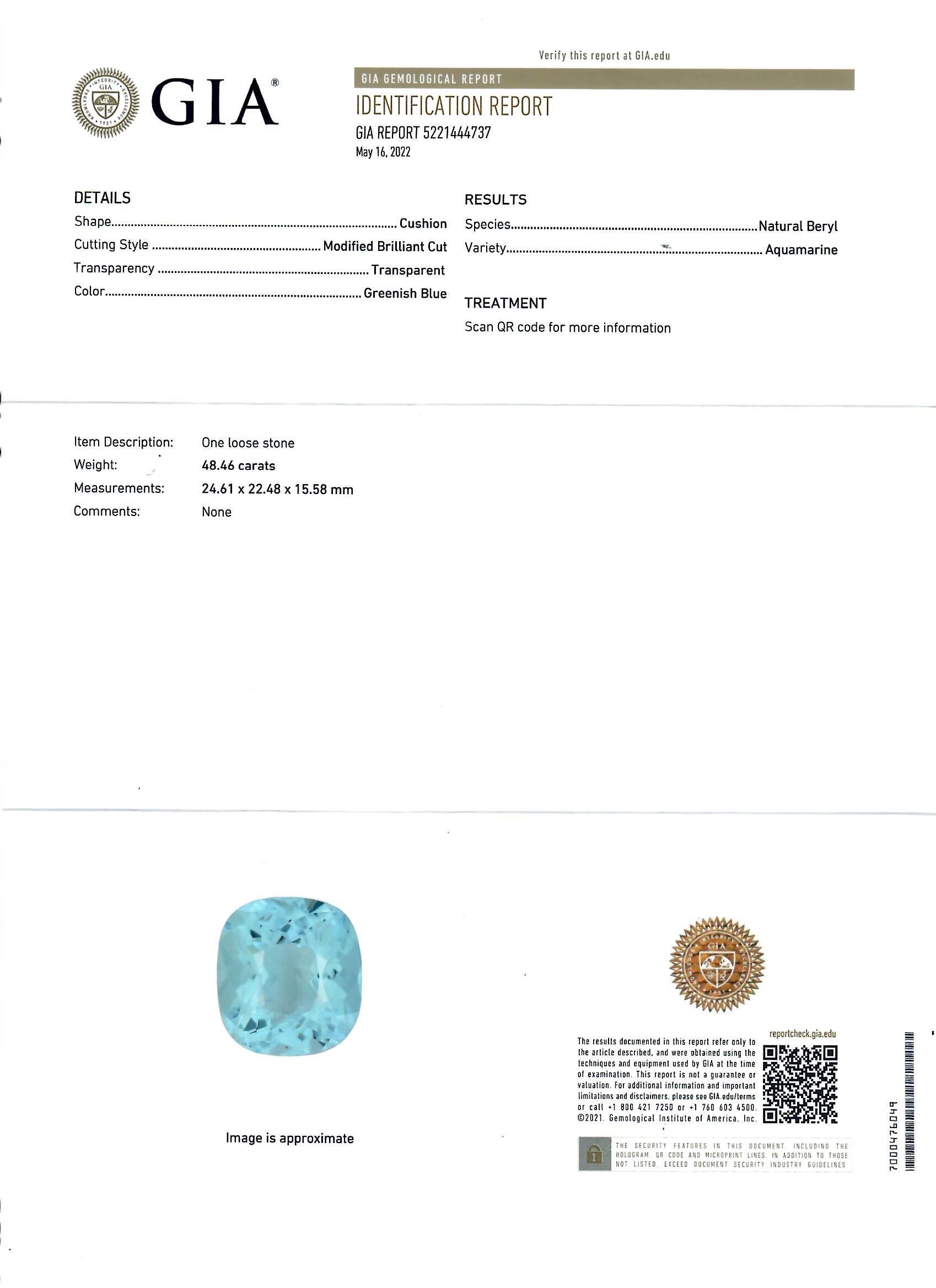 48.46 Carat Cushion Cut Aquamarine Pendant in a 14 Karat White Gold Chain, GIA For Sale 5