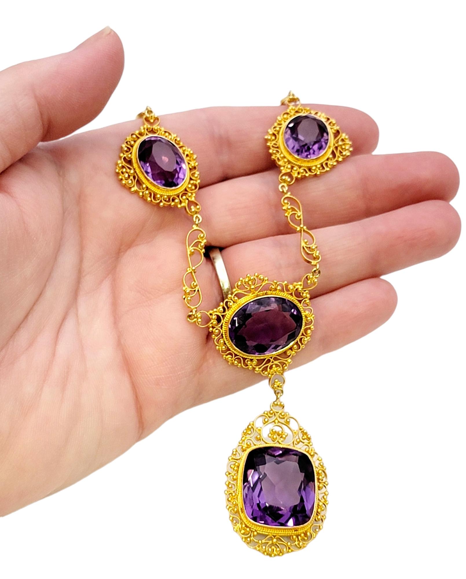 48.48 Carat Cushion and Oval Cut Amethyst Station Drop Necklace in 21 Karat Gold 1